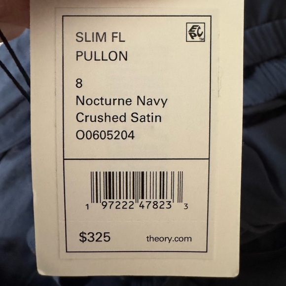THEORY Slim Fit Crushed Satin Pull on Pants Nocturne Navy Size 8 NWT - Picture 7 of 8